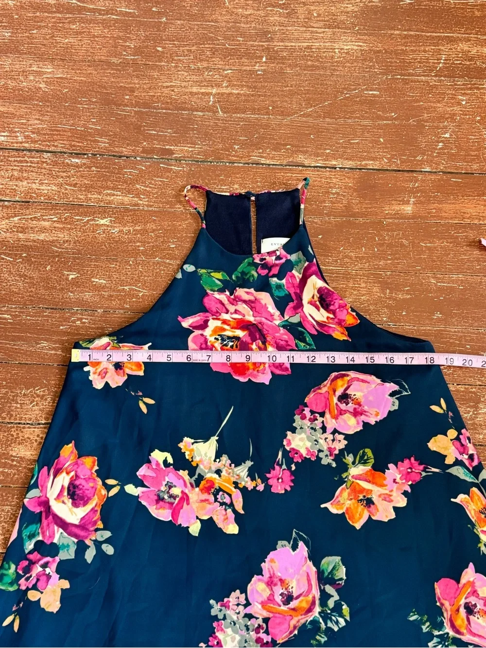 Everly Navy Floral Halter Shift Dress Size M Sleeveless Lined Boutique Made USA